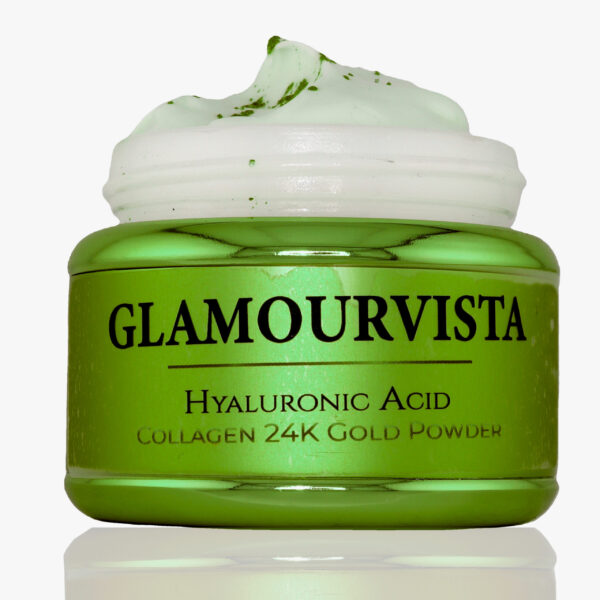 Glamourvista luxury organic anti-ageing day moisturizer cream in a white glass jar, enriched with argan oil, jojoba oil, collagen, hyaluronic acid, and retinol for anti-wrinkle care