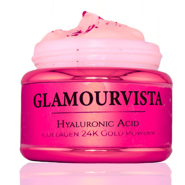 Glamourvista luxury organic anti-ageing day moisturizer in a sleek white glass jar, featuring hydrating ingredients like argan oil, collagen, and hyaluronic acid