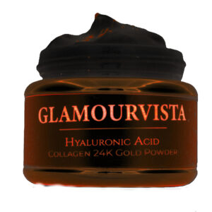 Glamourvista luxury organic anti-ageing day moisturizer in a sleek white glass jar, featuring hydrating ingredients like argan oil, collagen, and hyaluronic acid.