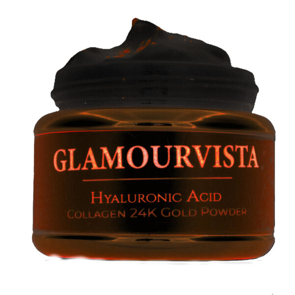Glamourvista luxury organic anti-ageing day moisturizer in a sleek white glass jar, featuring hydrating ingredients like argan oil, collagen, and hyaluronic acid.