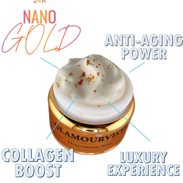 This image showcases Glamourvista’s luxury organic anti-ageing day moisturizer in its eco-friendly glass jar. The white jar emphasizes the purity of the product, which is enriched with natural ingredients like argan oil, jojoba oil, collagen, and hyaluronic acid. Perfect for anti-wrinkle and hydration-focused skincare routines.