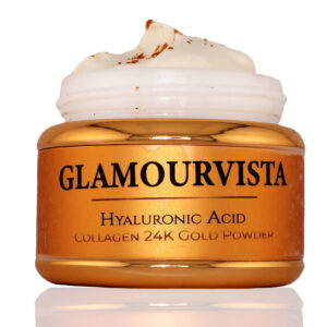 Glamourvista luxury organic anti-ageing day moisturizer cream in a white glass jar, enriched with argan oil, jojoba oil, collagen, hyaluronic acid, and retinol for anti-wrinkle care.