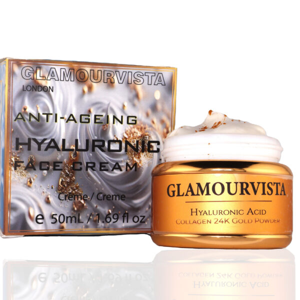 Glamourvista luxury organic anti-ageing day moisturizer in a sleek white glass jar, featuring hydrating ingredients like argan oil, collagen, and hyaluronic acid