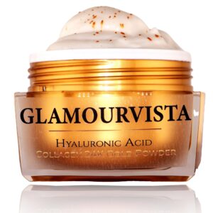 Glamourvista Anti-Ageing Face Cream - Luxurious 50ml jar with 5% Hyaluronic Acid, 5% Collagen, and 24ct Gold Dust. Designed for deep hydration, wrinkle reduction, and radiant skin. Beautiful gold-toned packaging highlighting premium skincare.