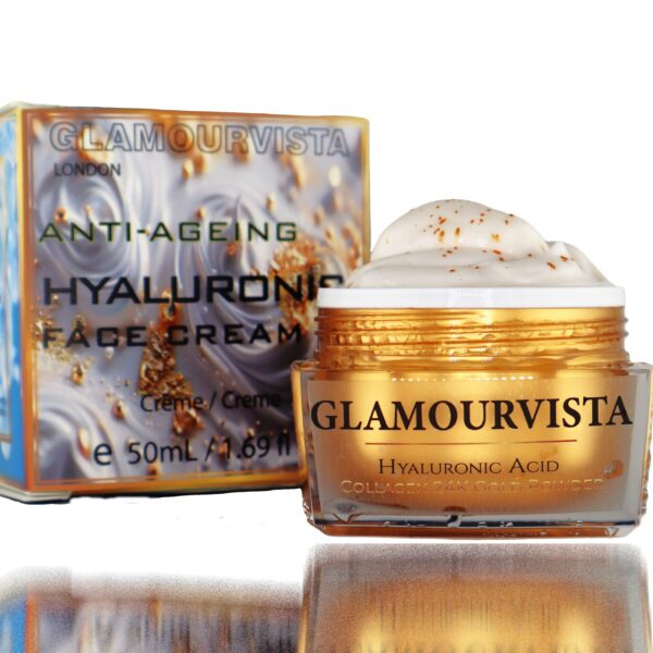 Glamourvista Anti-Ageing Face Cream - Luxurious 50ml jar with 5% Hyaluronic Acid, 5% Collagen, and 24ct Gold Dust. Designed for deep hydration, wrinkle reduction, and radiant skin. Beautiful gold-toned packaging highlighting premium skincare.